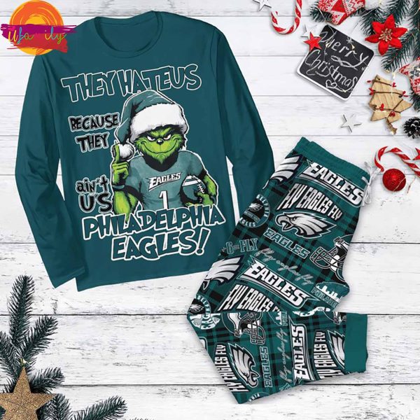 Philadelphia Eagles Grinch They Hate Us Christmas Long Sleeve Pajama Set