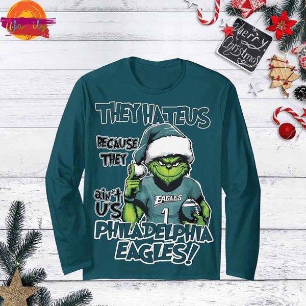 Philadelphia Eagles Grinch They Hate Us Christmas Long Sleeve Pajama Set