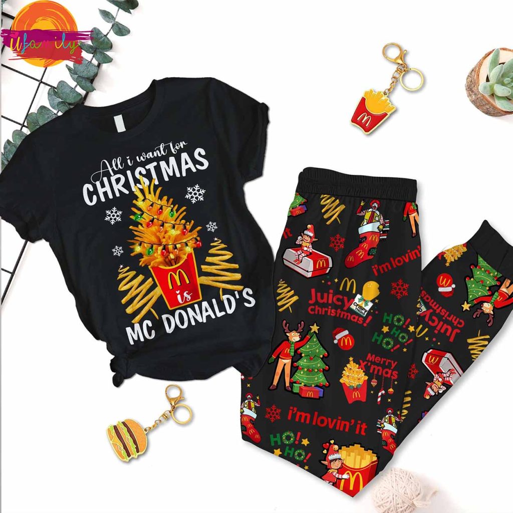 All I Want For Christmas MCdonalds Black T Shirt Pajama Set