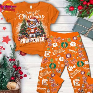 Merry Christmas Paw Power Clemson Tigers T Shirt Pajama Set 1