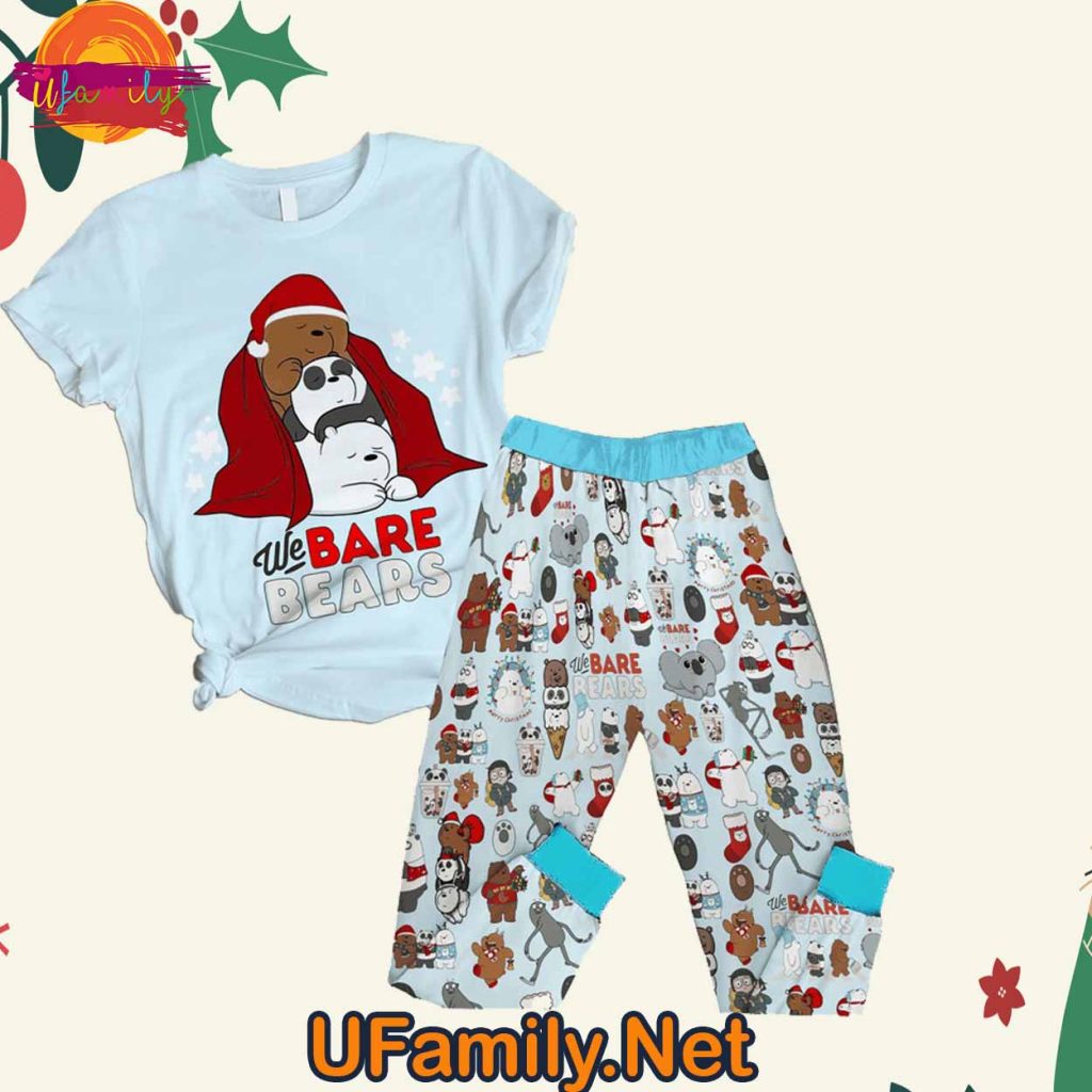 Merry Christmas We Bare Bears Blue T Shirt Pajama Set