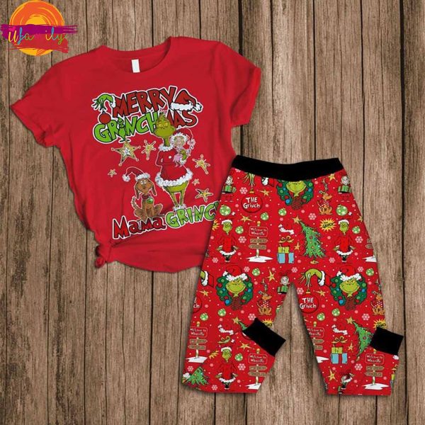 Merry Grinchmas Mama Grinch Christmas Red Pajama Sets Fleece