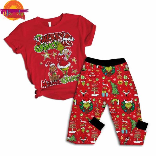 Merry Grinchmas Mama Grinch Christmas Red Pajama Sets Fleece