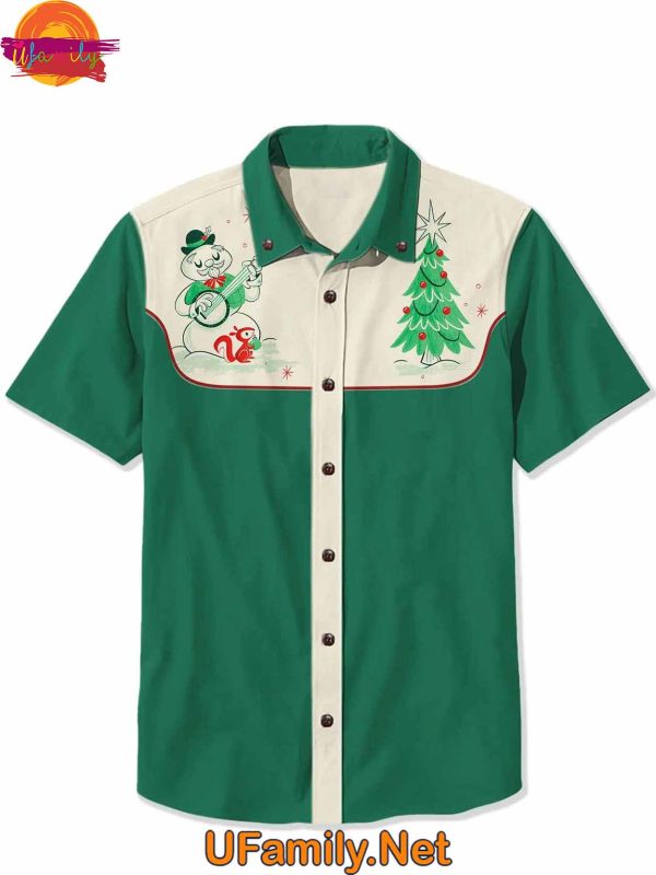 Christmas Banjo-Playing Snowman And Christmas Tree Hawaiian Shirt