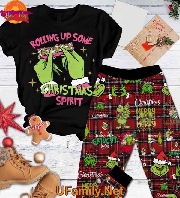 Rolling Up Some Christmas Spirit Grinch T Shirt Pajama Set